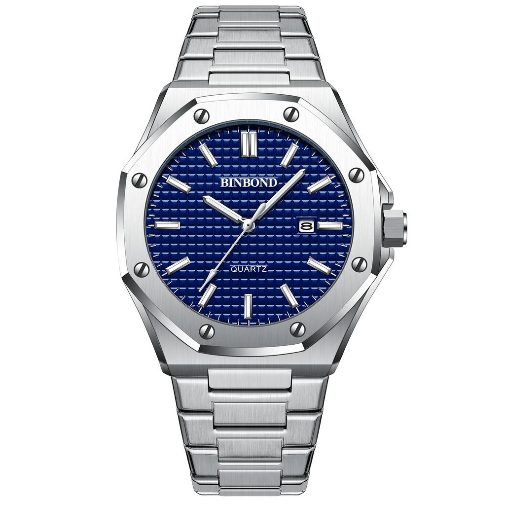 BINBOND Top Brand Business Men Quartz Watches Stainless Steel Calendar Waterproof Luxury Luminous Multifunctional Men Wristwatch