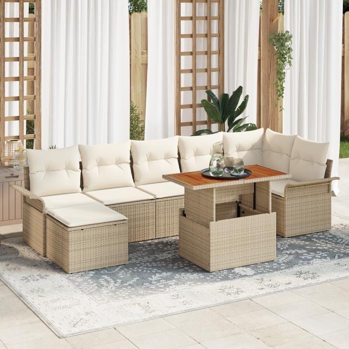 VidaXL Ensemble Salle à Manger Jardin 8 Pièces avec Coussins Beige Rattan Acacia 3349364