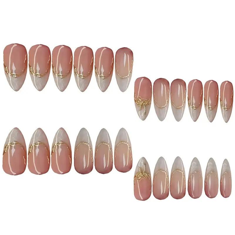 Almond Shape French Tip Press On Nails with Gold Edge & Bow, Elegant Daily False Nails