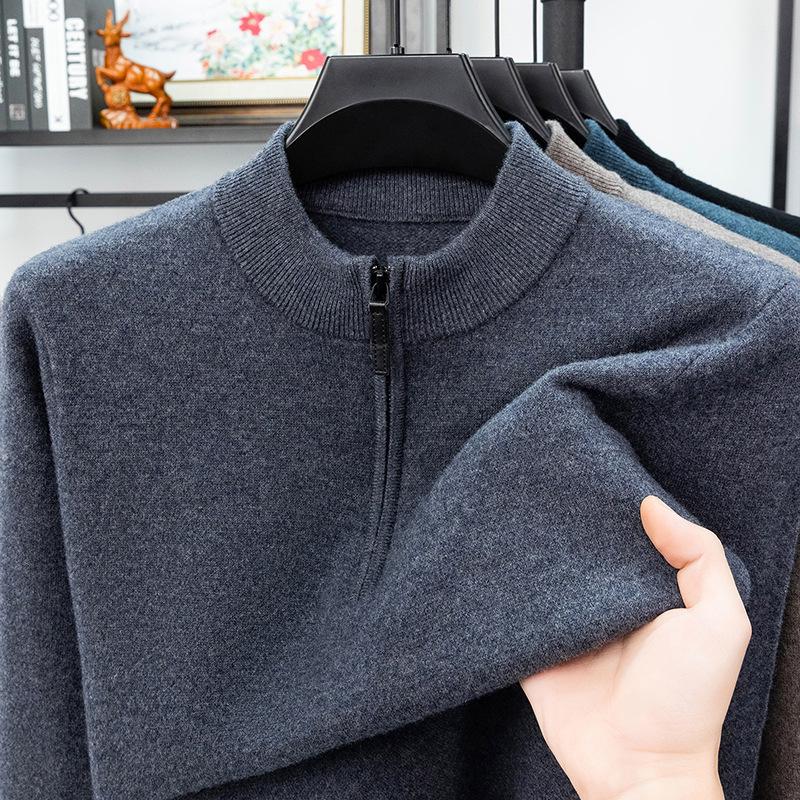 Men's Thick Wool Base Layer Sweater with Half-High Collar and Zipper - Perfect for Autumn and Winter Warmth