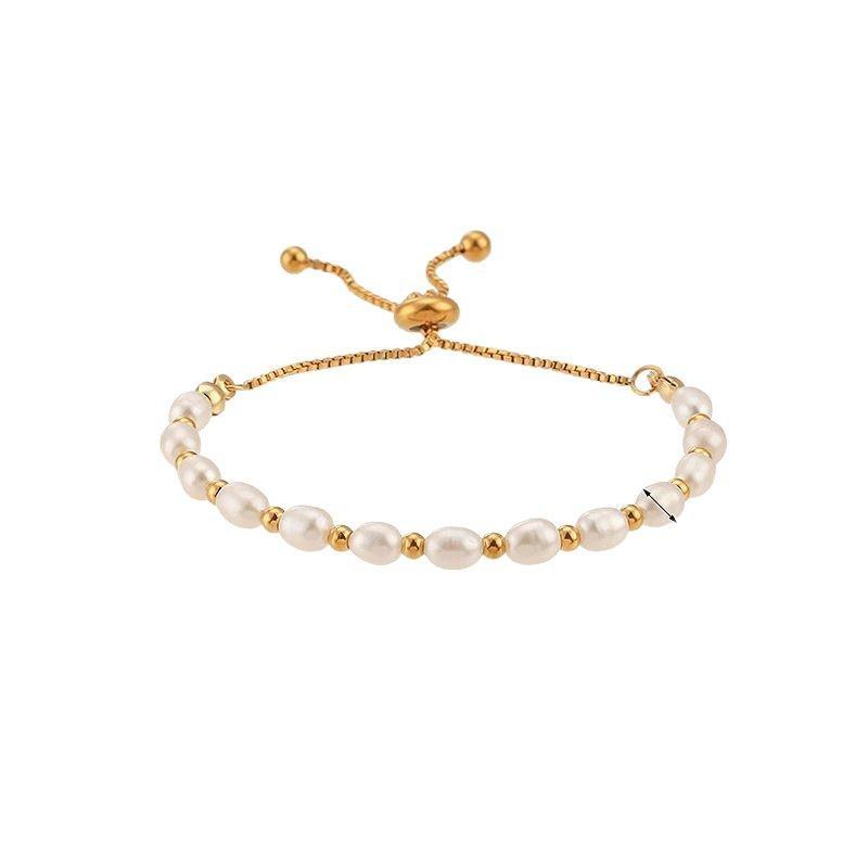 18K Gold Plated Freshwater Pearl Adjustable Pull-Through Bracelet Women Lightweight Luxury Handmade Beaded Jewelry