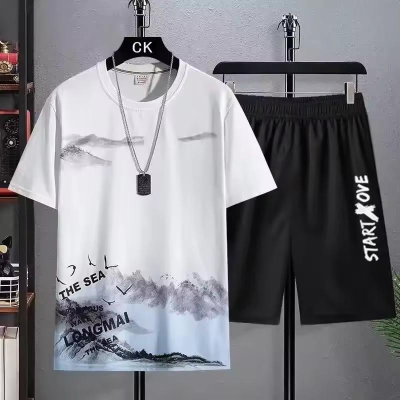 Men's New Summer Suit Casual Splicing Round Neck Half Sleeve Sports Plus Size Men's Clothing