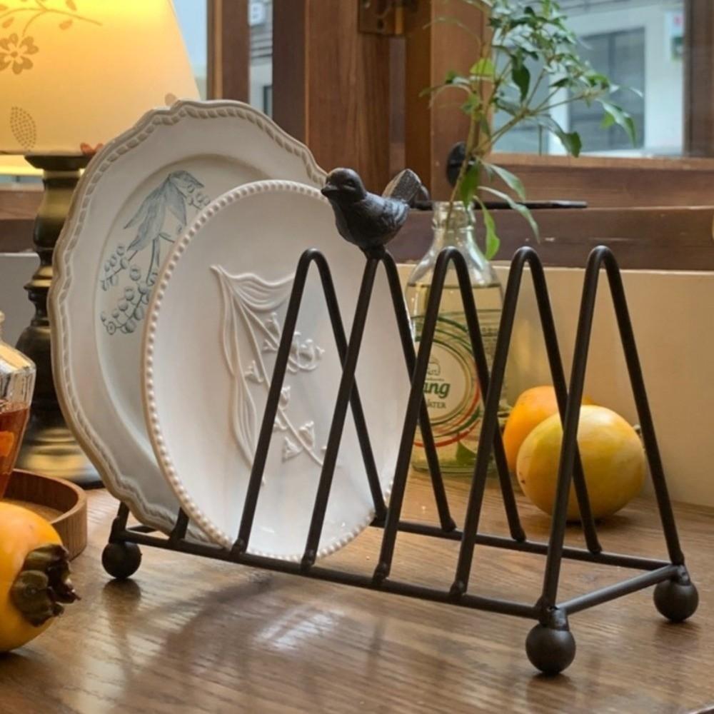 Practical Retro Kitchen Dish Organizer Layered Decorative Metal Dish Rack Bird Design Rust-Resistant Dish Holder Kitchen