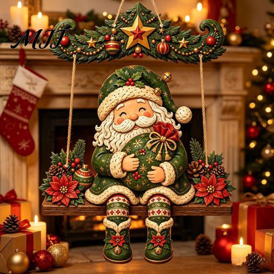 Rustic Christmas Home Accents Santa Claus Hanging Ornaments, Wooden Pendant with Hemp Xmas Party Supplies Rope, Vintage Wall Decoration for