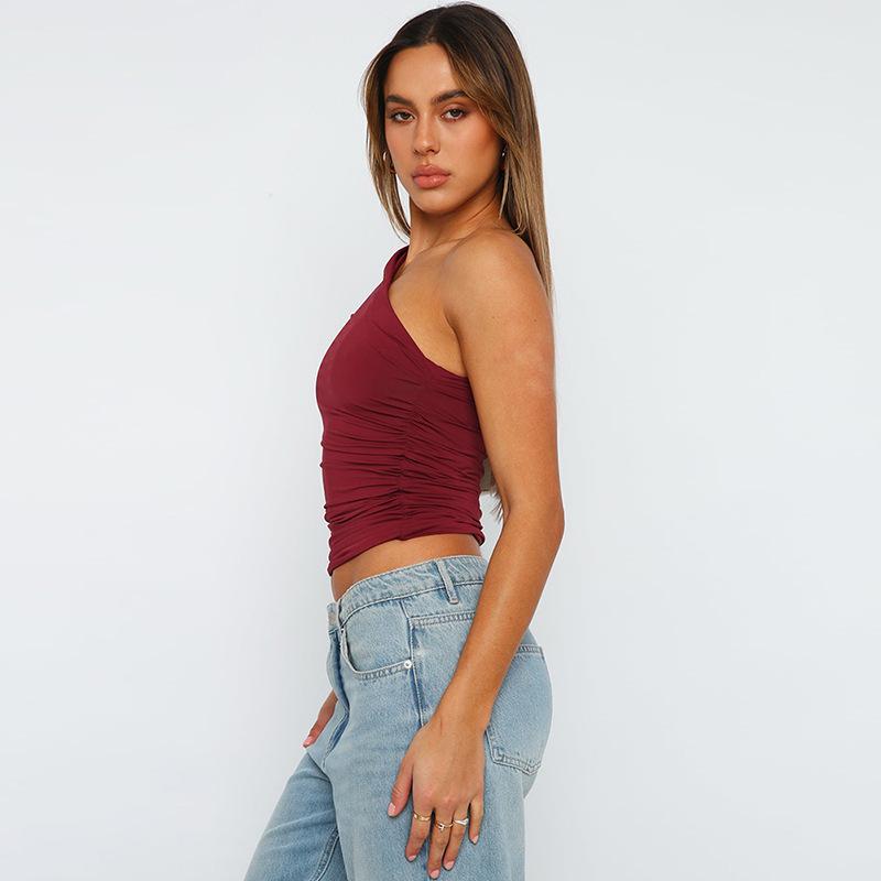 Solid Color One Shoulder Backless Shrink Tank Top T-Shirt Candy Color Tight Sexy Sleeveless Neckless Slim Casaul Top