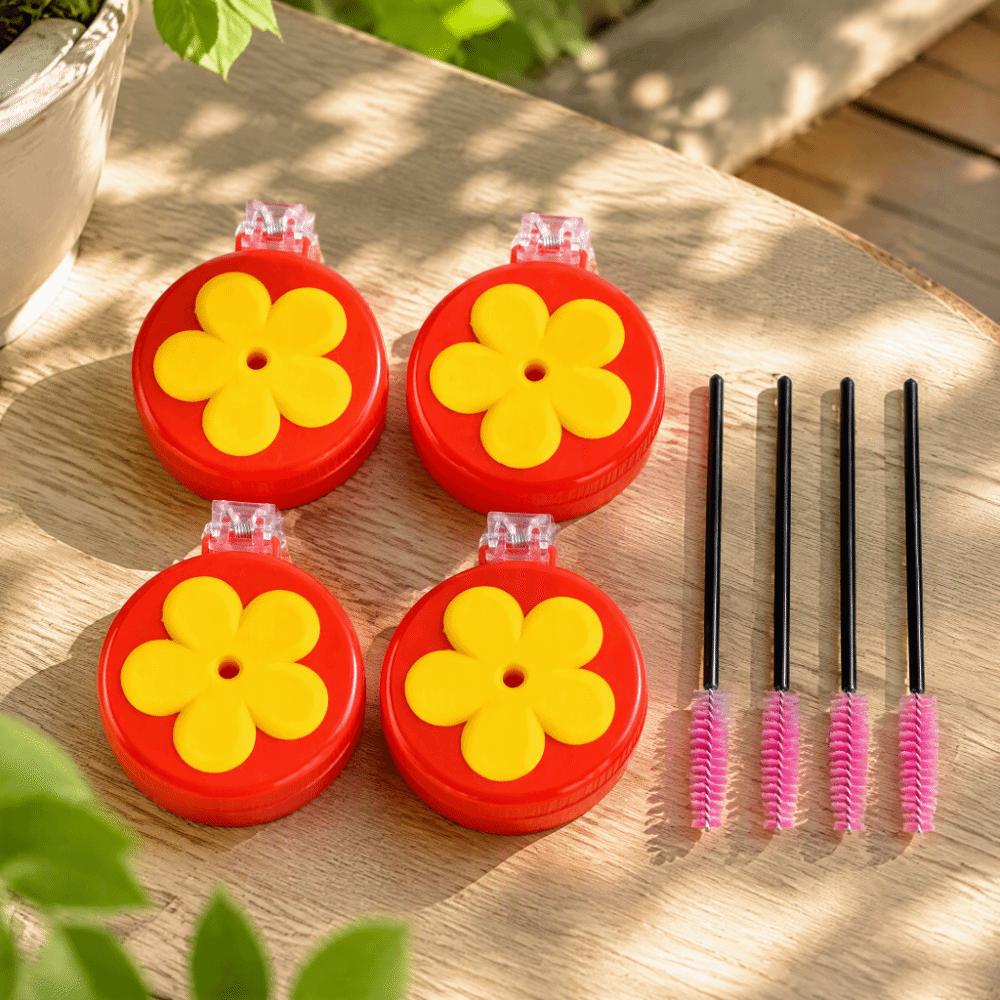 4sets ABS Hummingbird Clip Feeder With Brushes Flower Hummingbird Feeder Outdoor Use