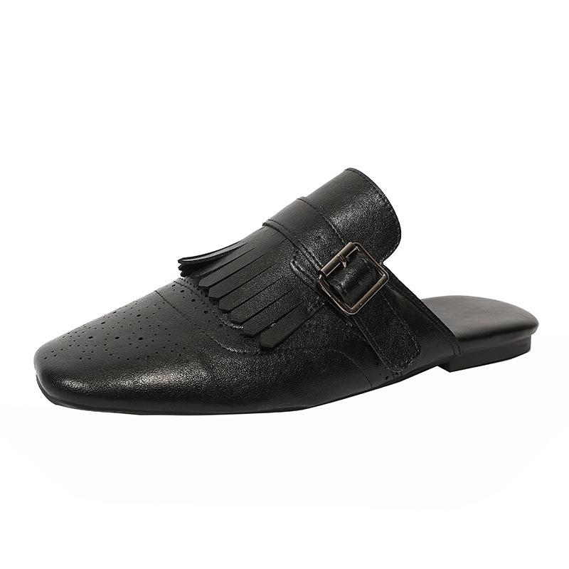 

Металлическая пряжка, кисточки, женские плоские шлепанцы 2025 лето, мюли, высокое качество, мягкий круглый носок, повседневные элегантные женские сандалии 35