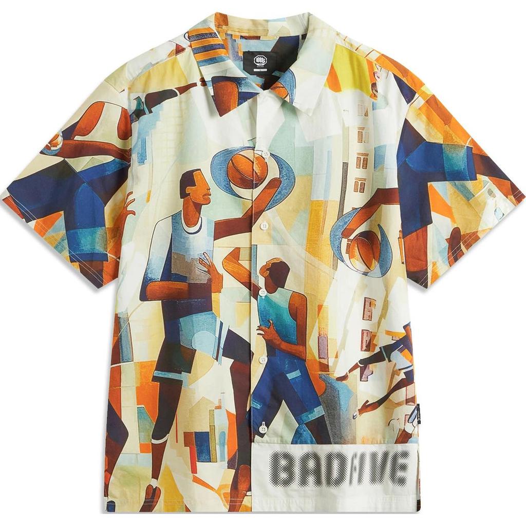 Li Ning Basketball Series All Over Print Letter Button Down Loose Short Sleeve Shirt Men Shirts Multicolor ASHU411-3