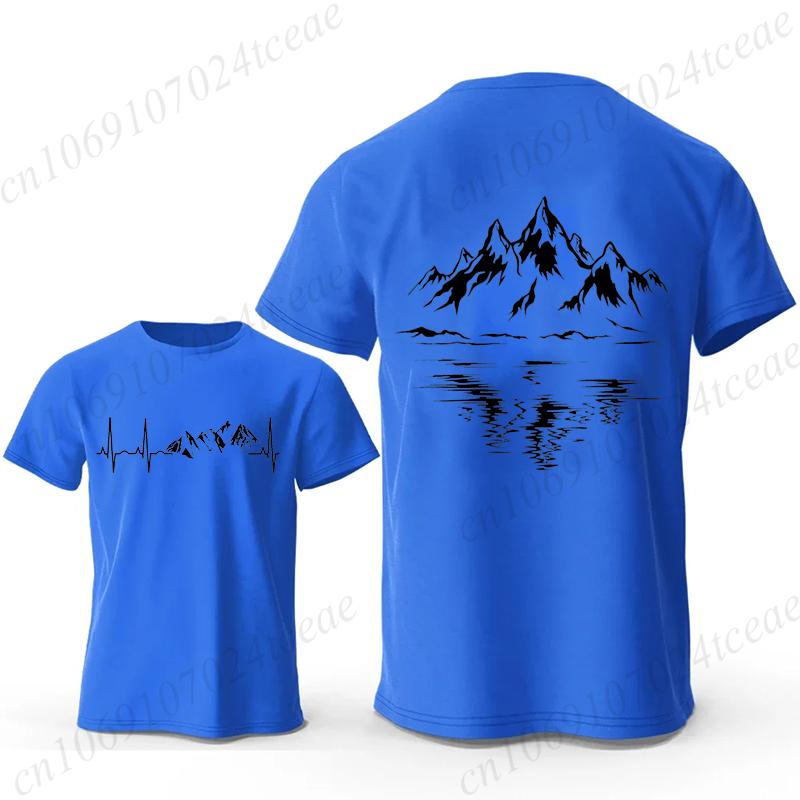 Mountain Print Men's T-shirt Summer Comfortable Breathable Short-sleeve Top Mountain Heartbeat Pulse Line Oversized Men T-shirt