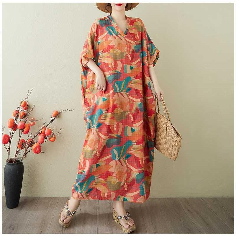 Women's Vintage Long Dress with Cotton and Linen Patterns