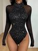 2025 European & American Shiny Patchwork Mesh Bodysuit T-shirt