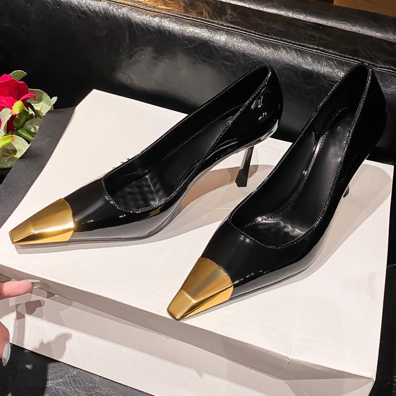 Four Seasons Women's High Heels Stiletto Metal High Heels Fashionable Sexy Shallow Mouth Gold Square Toe Single Shoes