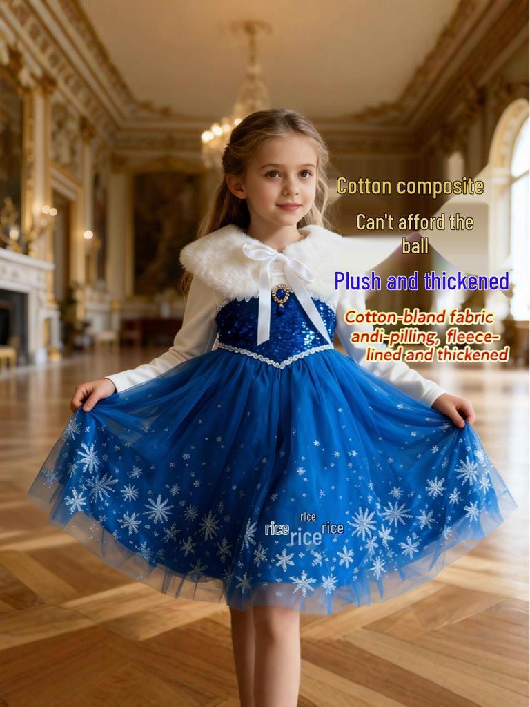 Glitzerndes leuchtendes Elsa Prinzessinnenkleid für Mädchen - Beflockter Herbst-/Winter-Halloween-Stil