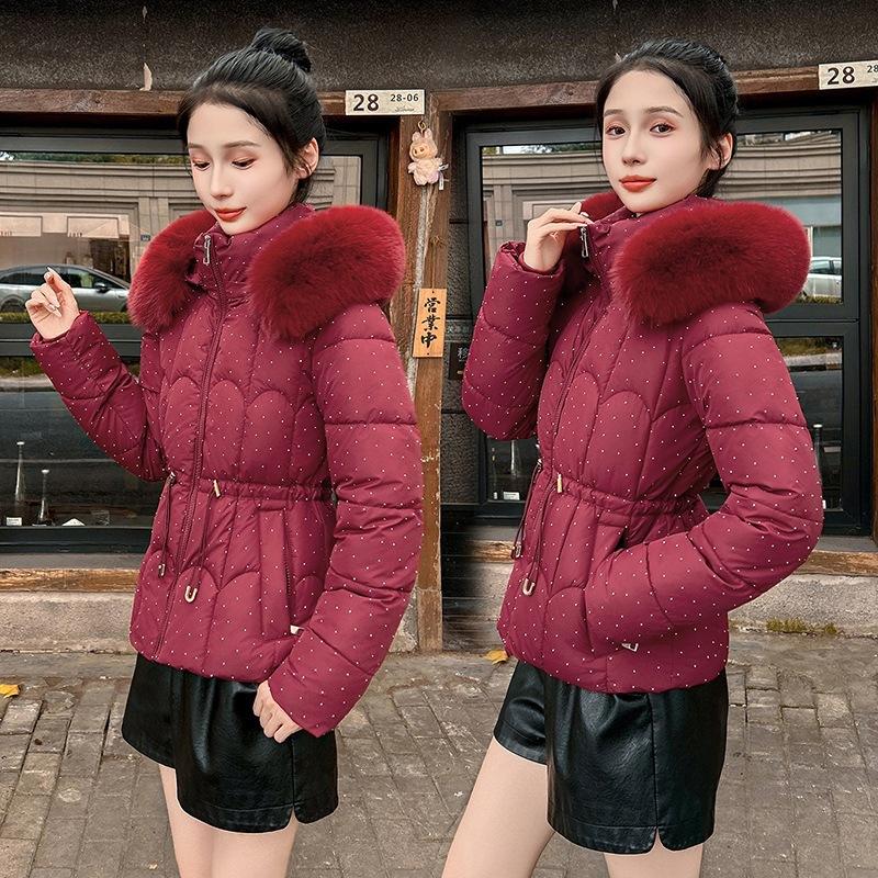 Sparkling down cotton-padded clothes women's winter big fur collar waist thin cotton-padded clothes jacket foreign style short small cotton-padd