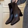 French Stretch Thin Boots Square Martin Boots Korean Version Black Thick Heel High Heel Short Boots Women's Autumn and Winter