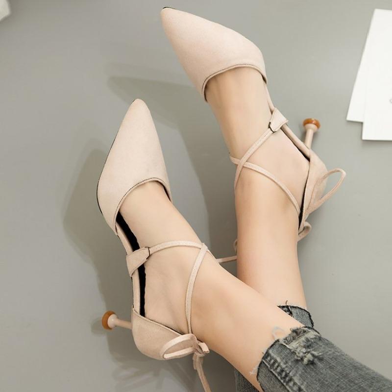 

New stiletto high heels women s shallow mouth pointed head cross strap suede women s shoes fashion versatile fashion single shoes 39 бежевый