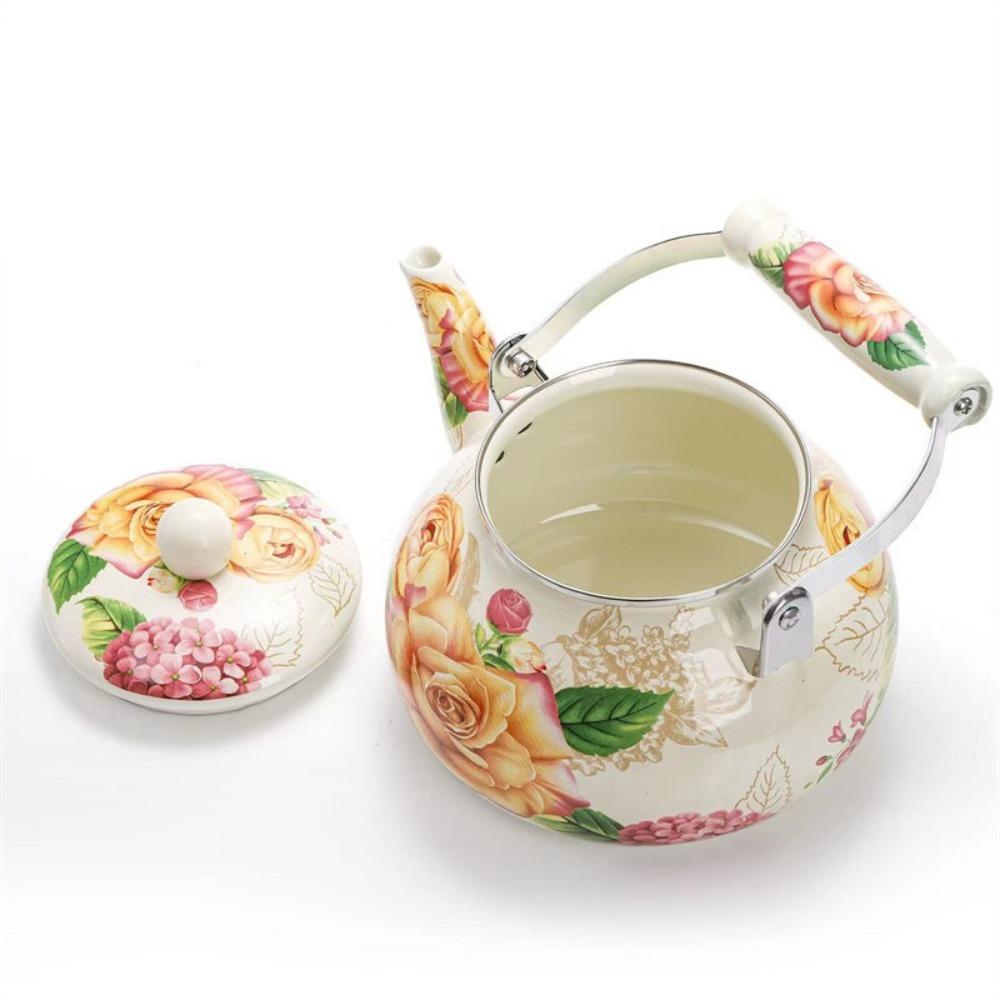 Thickened Chinese Style Enamel Teapot 2.5L Floral Enameled Tea Jug Pear-shaped Antiscald Handle Coffee Pot Gas Induction Cooker