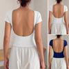 Women's Round Neck Short Sleeve Solid Color U Backless Slim Fit Cropped T Shirt Casual Summer Basic Workout Tee Top