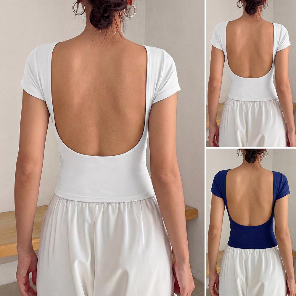 Women's Round Neck Short Sleeve Solid Color U Backless Slim Fit Cropped T Shirt Casual Summer Basic Workout Tee Top