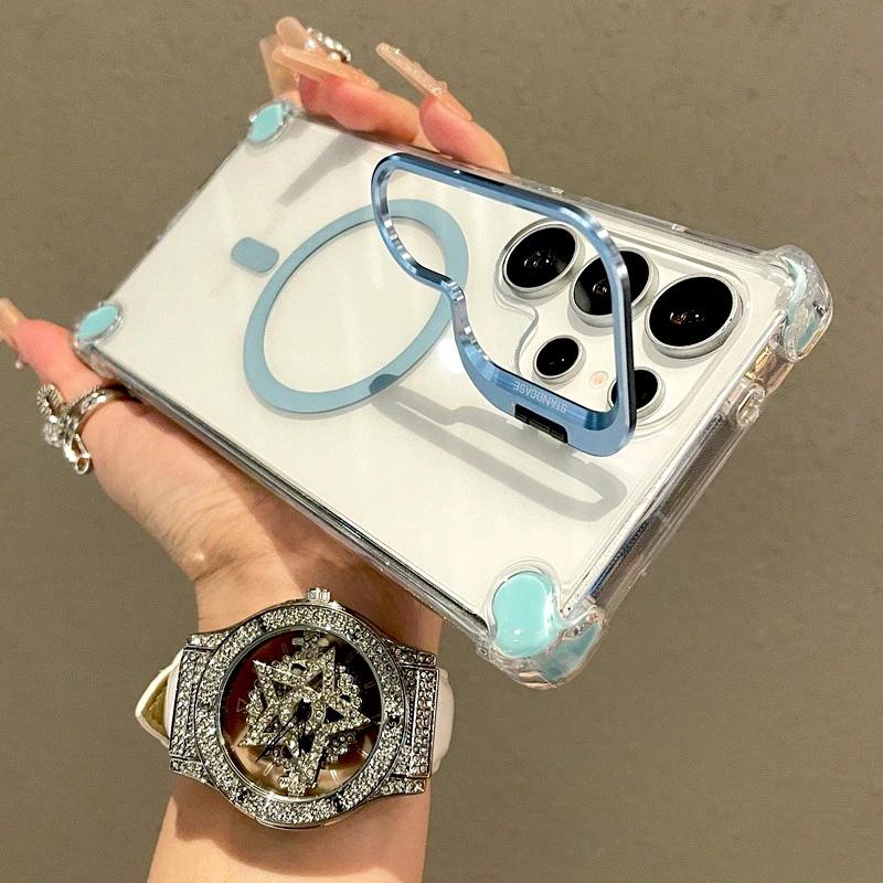 Luxus Transparentes Case Für Samsung Galaxy S25 S24 S23 S22 Ultra Plus A17 A56 A36 A16 A26 S24FE Magsafe Magnetischer Ständer Cover