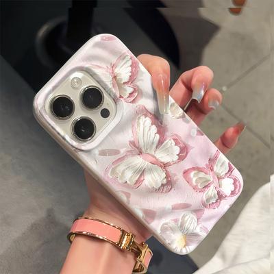 Spring Oil Painting Pink Butterfly Phone Case for IPhone 17 16 15 14 13 12 11 ProMax 17Air Elegant Wrinkled Silicone Cover Funda
