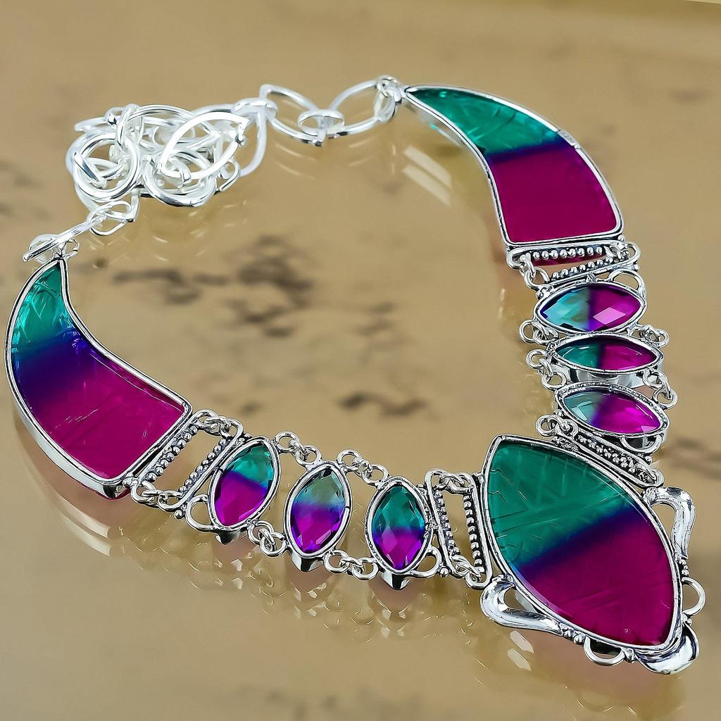 Natural Carved Bi-Color Tourmaline Chain Adjustable Necklace 925 Silver