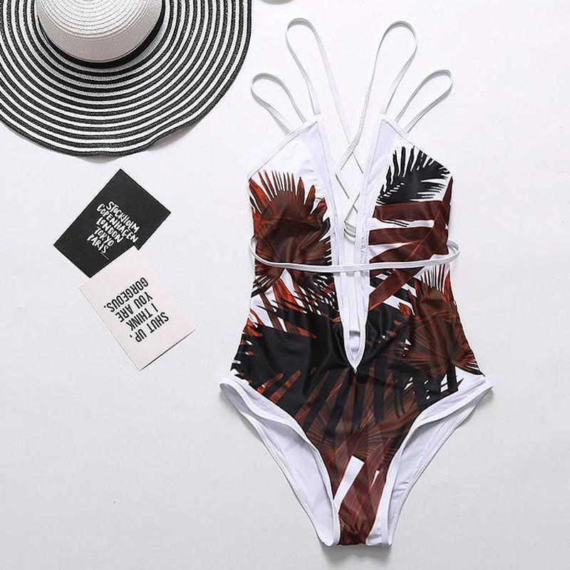 Women Elegant Floral Print Deep V Neck Backless Bandage Bathing One Piece Swimsuit