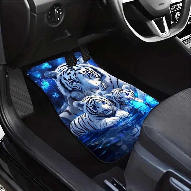 4pcs Dreamy White Tiger Pattern Car Floor Mat Set, Crystal Velvet Anti-slip Mat, 4pcs Universal, Decorate the Interior Space