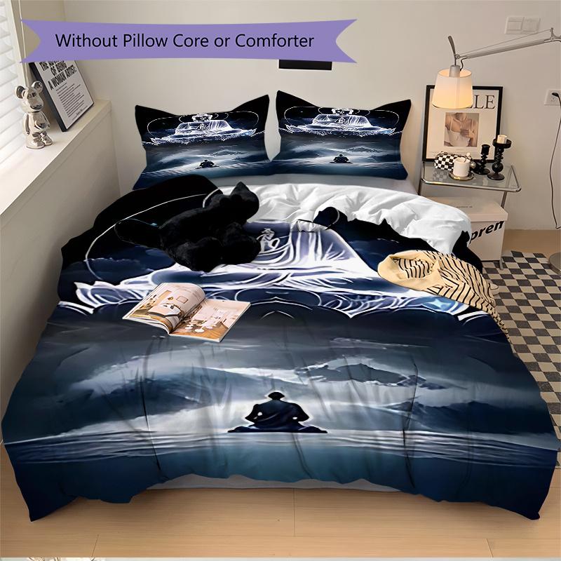 Juego de Funda Nórdica de 3 Piezas con Estatua de Buda con Una Funda Nórdica y Dos Fundas de Almohada (Sin núcleo) - Diseño de Dibujos Animados de Anime, Perfecto para Decoración de Dormitorio y Habitación de Invitados