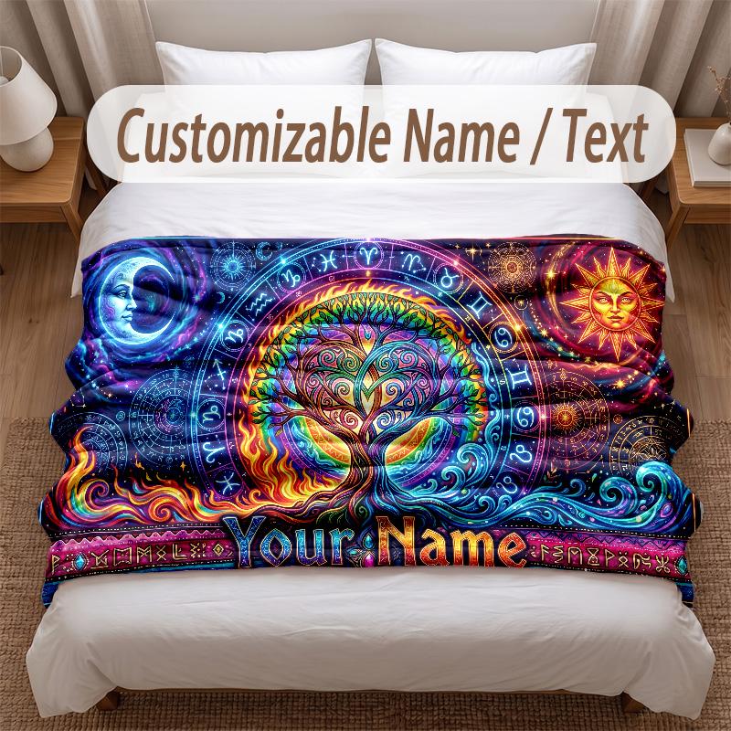 Tree of Life Theme Soft Blanket Personalized Custom Name Text Print Warm Blanket Home Sofa Bedroom Decor