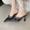 2025 New Sweet Lace Shoe Mouth Fashion Pointed Head Bag Head Half Slippers Thin Heel Sexy Super High and Elegant Fold