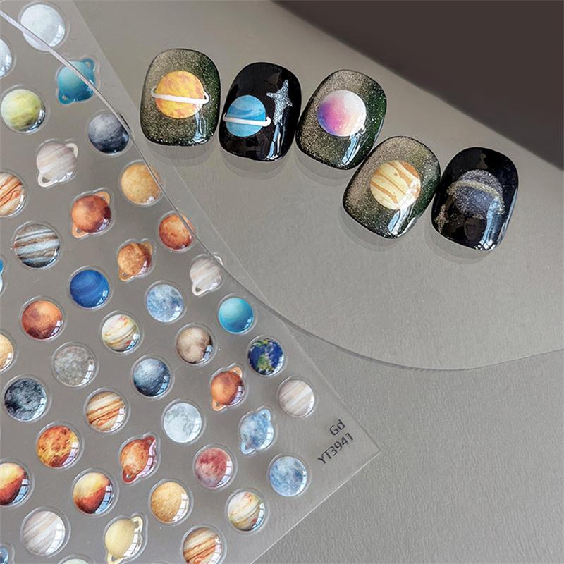 Cute Universe Planet Nail Stickers 3D Star Space Design Slider Press On Nail Decals Nail Art Decoration Manicure Salon Diy