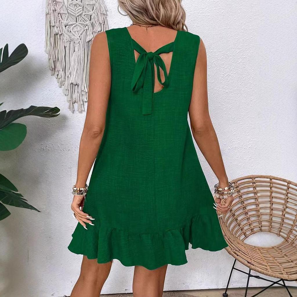 Vestito da Donna a Manica Corta Senza Maniche tinta unita con Scollo Rotondo, Allacciatura, Pieghe, Vestibilità Larga, Casual, Stile Quotidiano per il Lavoro, Vestito Estivo