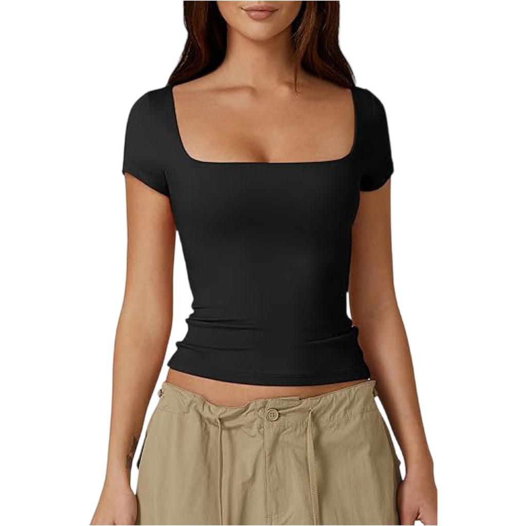 Women's Summer Square Neck Sexy Slim Fit Short Sleeve T-Shirt