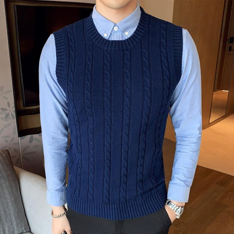 Autumn and Winter Men's Woolen Vest V-neck Sleeveless Sweater Vest Thickened Twist Solid Color Knitted Waistcoat Tide Waistcoat