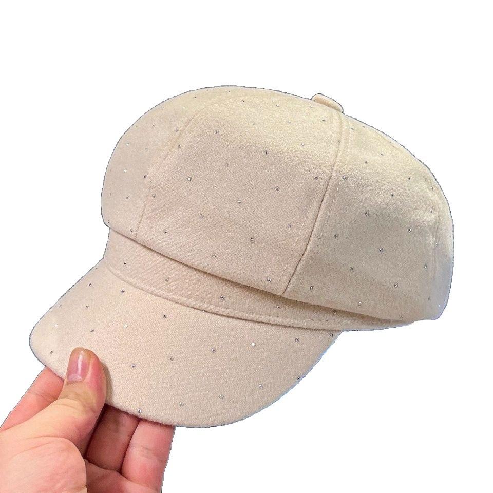 Retro Versatile Duck Tongue Beret Painter Heavy Industry Rhinestone New Octagonal Hat Children Show Elegant Temperament