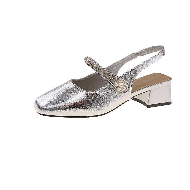 French Rhinestone Rear Empty Mary Jane Shoes Women's 2025 Summer New Versatile Thick Heel High Heels Retro Buckle Sandals