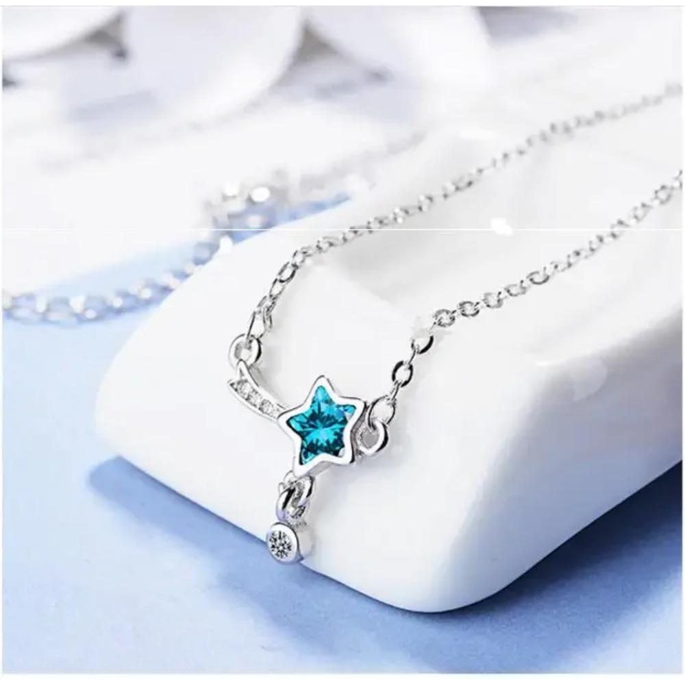 100% 925 Silver Blue Crystal Star Charm Pendant Necklace For Women Wedding Romantic Party Jewelry Choker Collar