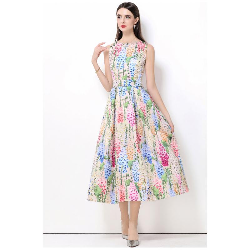 Summer Women Designer Print Dress Sleeveless High Waist Long Maxi Big Swing Tank Party Dresses