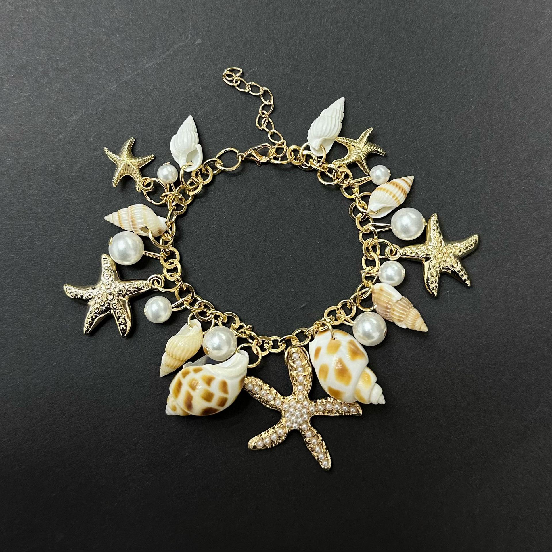 Bohemian Ocean Style Starfish  Shell Pendant Bracelet with Conch  Pearl