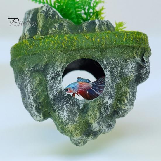 Floating Artificial Mountain Rock Aquarium Decoration, Realistic Moss Ornament with Covered Stone Decor Cave, Fish Tank Hideout Shelter for