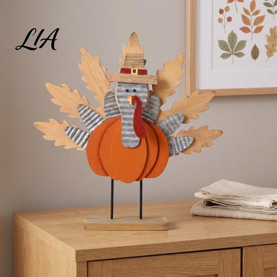 Thanksgiving Gift Souvenirs Turkey Decoration, Wooden Standing Ornament, Autumn Tabletop Rustic Pumpkin Crafts Centerpiece for Fall Harvest