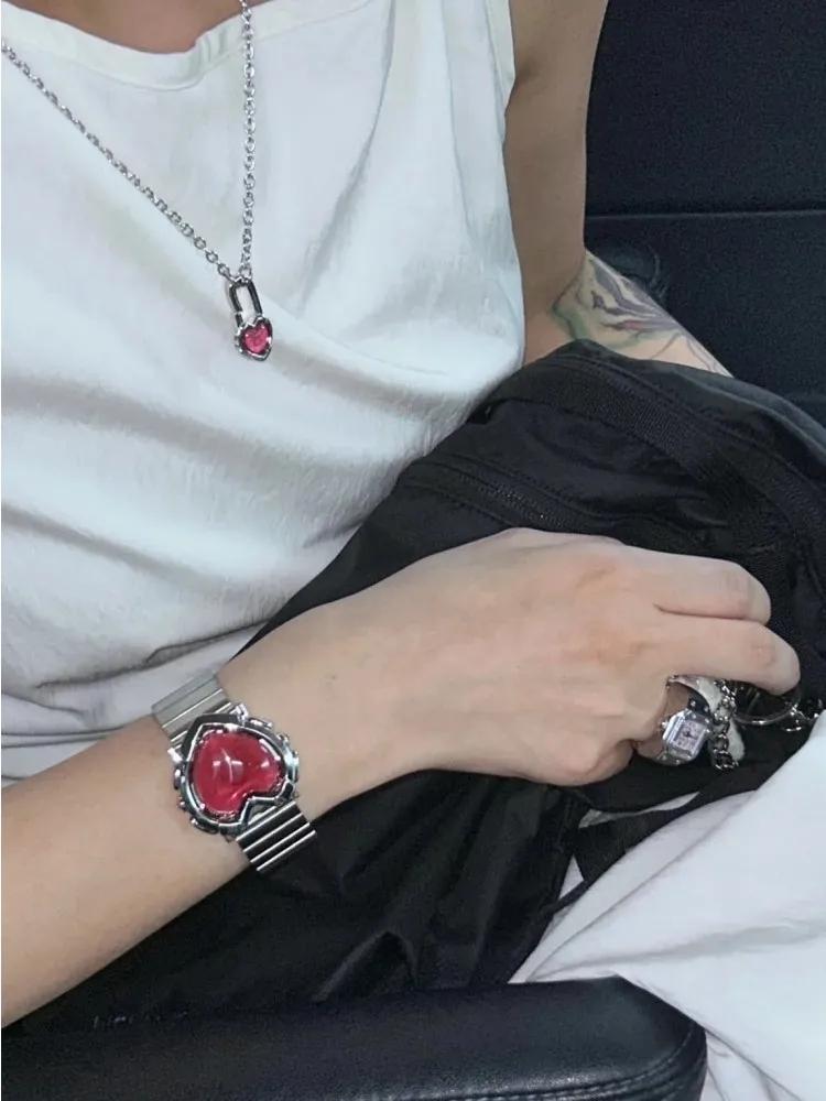 Fashion Punk Red Love Laser Stars Metal Strap Unisex Bracelet Simple Personality  Jewelry for Women Men Birthday Gift Bracelet