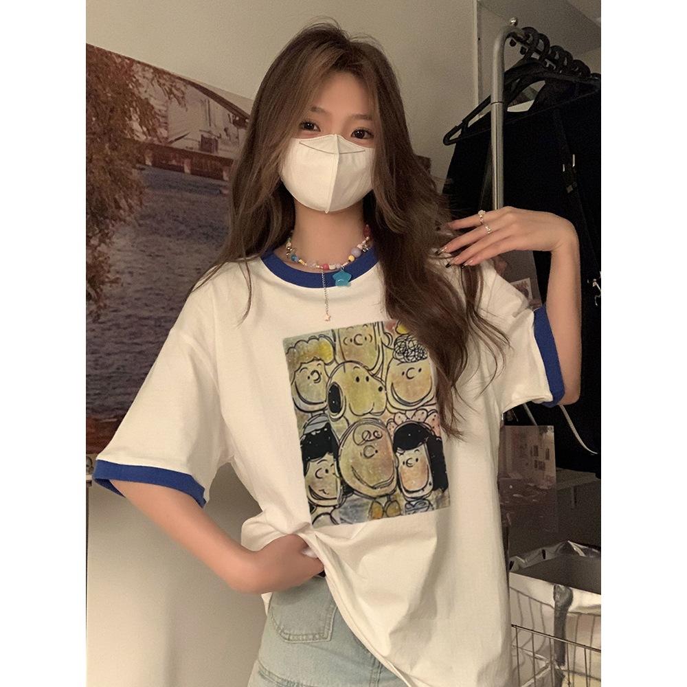 Pure cotton, summer new Korean version loose casual contrasting color cartoon printed short-sleeved t-shirt women's trend