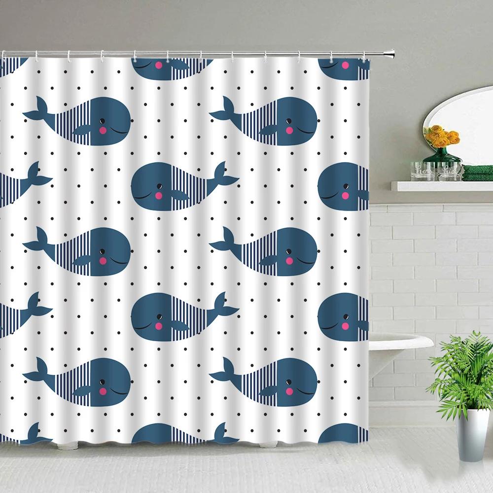 Cortinas de Chuveiro Peixe Tubarão Desenhos Coloridos Vida Marinha Banheiro Infantil Decoração de Casa Conjunto de Cortinas de Tecido Telas de Banho Impermeáveis