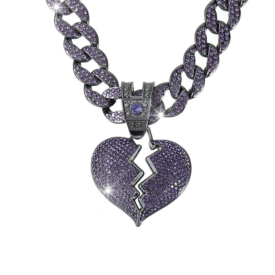 Fashion Jewelry Purple Love Full Diamond Pendant Cuban Chain Hip Hop Broken Heart Pendant Chain