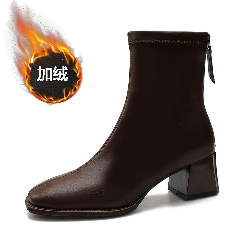 Short Boots Women's High Heel Thick Heel New Boots Soft Leather White French Square Head Autumn and Winter Velvet Medium Tube Thin Boots