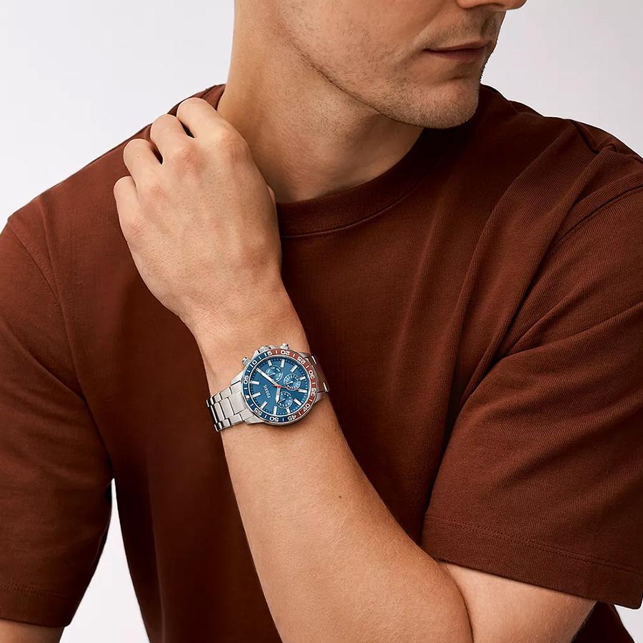 Fossil Bannon Men's Multifunction Quartz Watch - Three Subdials, Blue Dial & Silver Stainless Steel Strap BQ2842