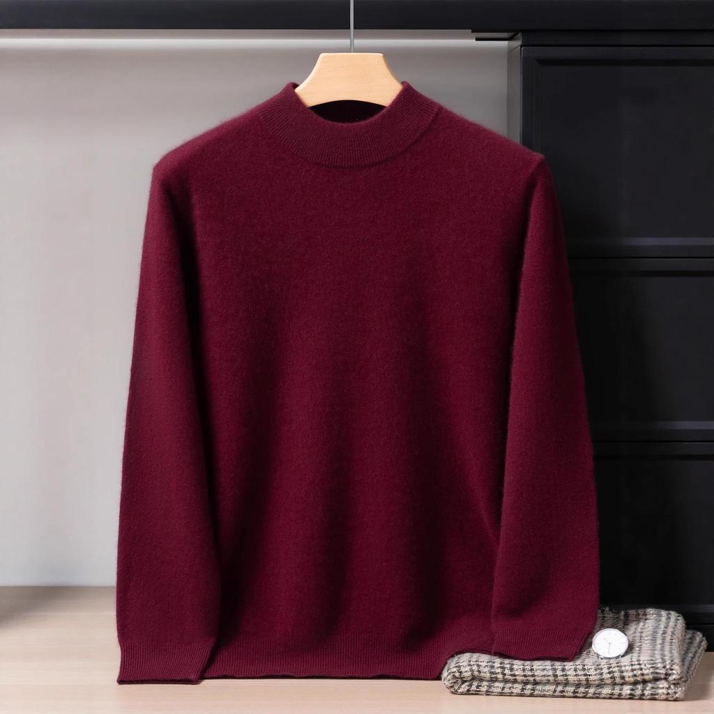 Men's 12-Gauge Double-Layer Cashmere Sweater, Half-High Collar, Long-Sleeve, Business Casual, Warm Knitted Base Layer