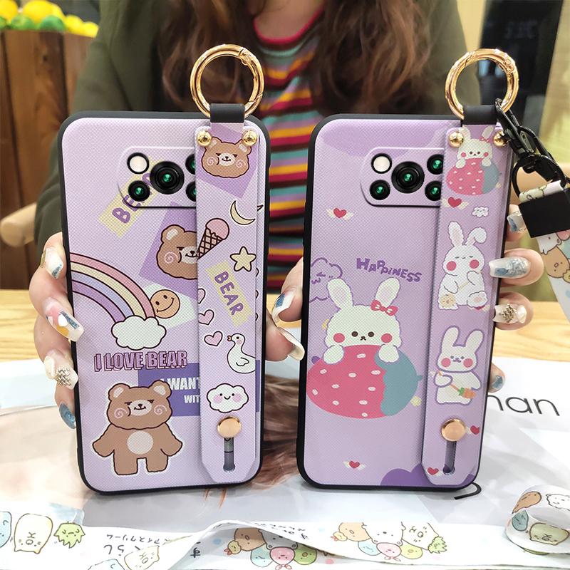 Anti-dust Kickstand Phone Case For Xiaomi Poco X3 NFC/X3 Pro Wristband Lanyard Dirt-resistant Back Cover Cartoon Ring